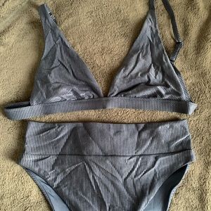 SOLD Aerie Ribbed Blue Bikini Large Triangle Top & Large High Cut Cheeky bottoms